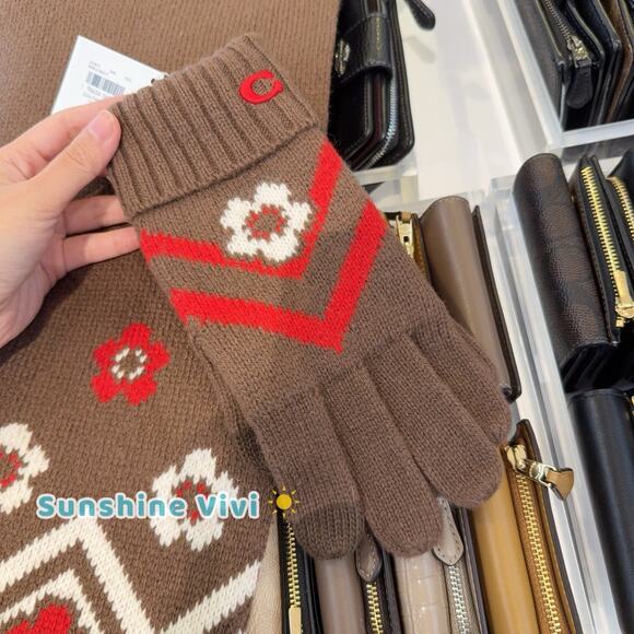 NWT Bundle Coach Fair Isle Print Knit Muffler CCW05 & Gloves CCW71 Sable Multi - Picture 11 of 14
